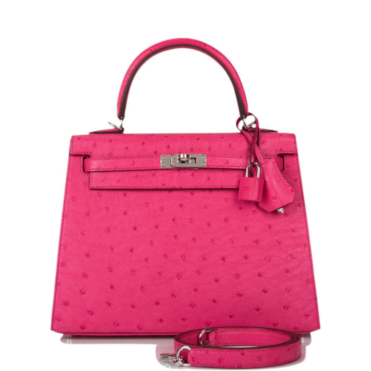 Front view of the Hermes Kelly Sellier 25 in Rose Tyrien Ostrich leather