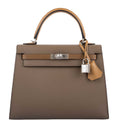 Front view of the Hermes Kelly Sellier 25 in tri-color Epsom leather