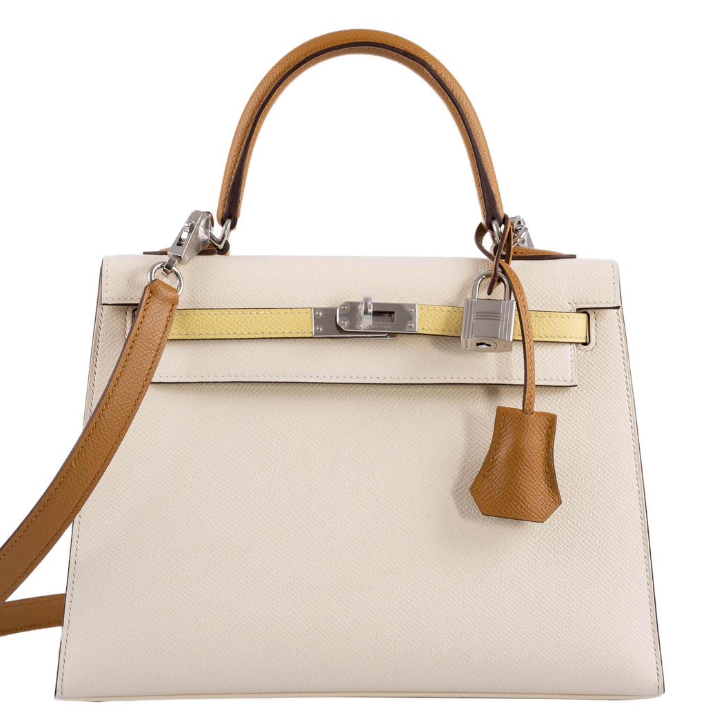 Front view of the Hermes Kelly Sellier 25 tri-color bag