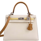 Front view of the Hermes Kelly Sellier 25 tri-color bag