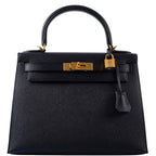 Front view of the Hermes Kelly Sellier 28 in Black Epsom leather
