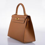 Hermes Kelly 28 Sellier Gold Epsom with Gold Hardware, The Kelly Sellier 28 in Gold Epsom being worn on the sh