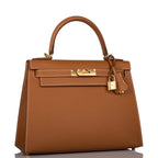 Hermes Kelly Sellier 28 Gold Epsom Gold Hardware, the gold-tone hardware and toggle closure on the Kelly 28