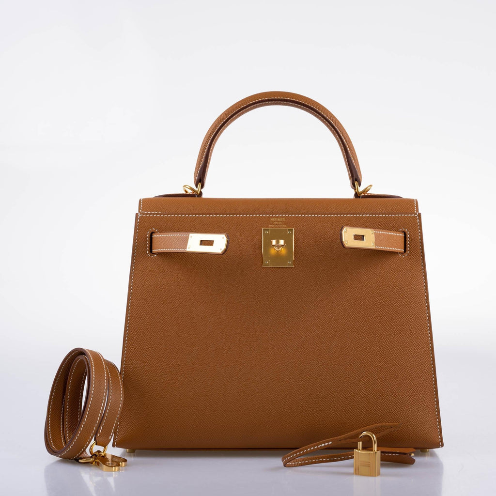 Hermes Kelly 28 Sellier Gold Epsom with Gold Hardware, A side profile of the bag, showing its structured and e