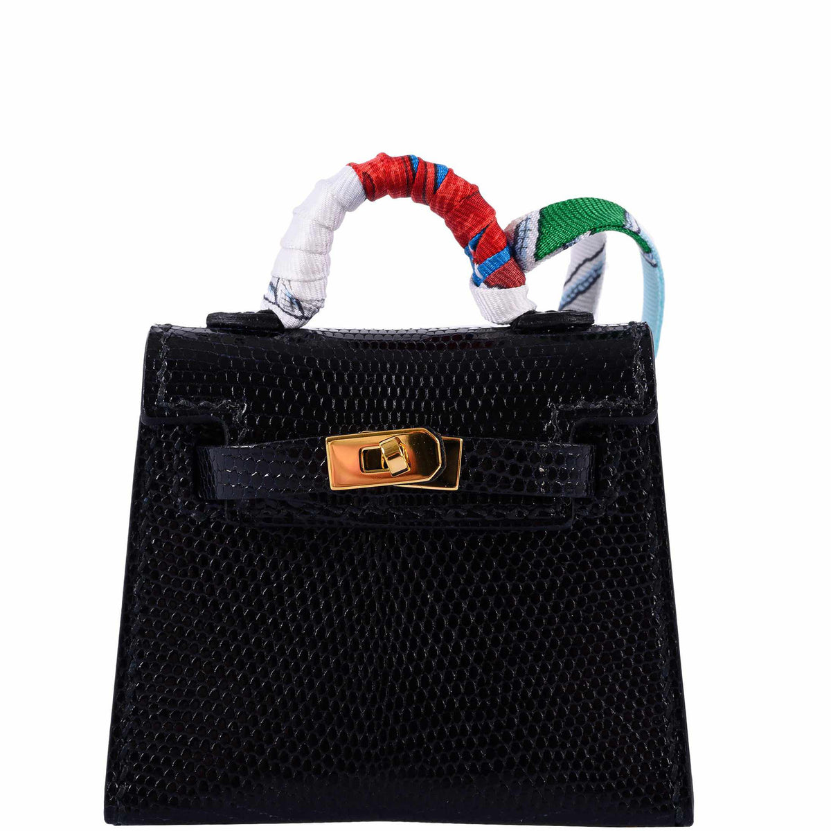 Front view of the Hermes Micro Kelly Charm in black Lizard leather