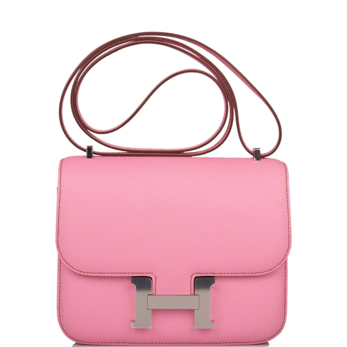 Hermes Mini Constance 18 handbag in Bubblegum Epsom leather with palladium hardware.