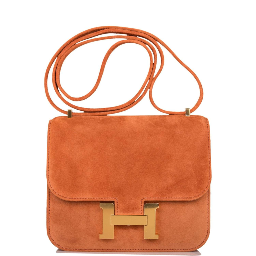 Hermes Mini Constance 18 handbag in Paprika Doblis suede with gold hardware.