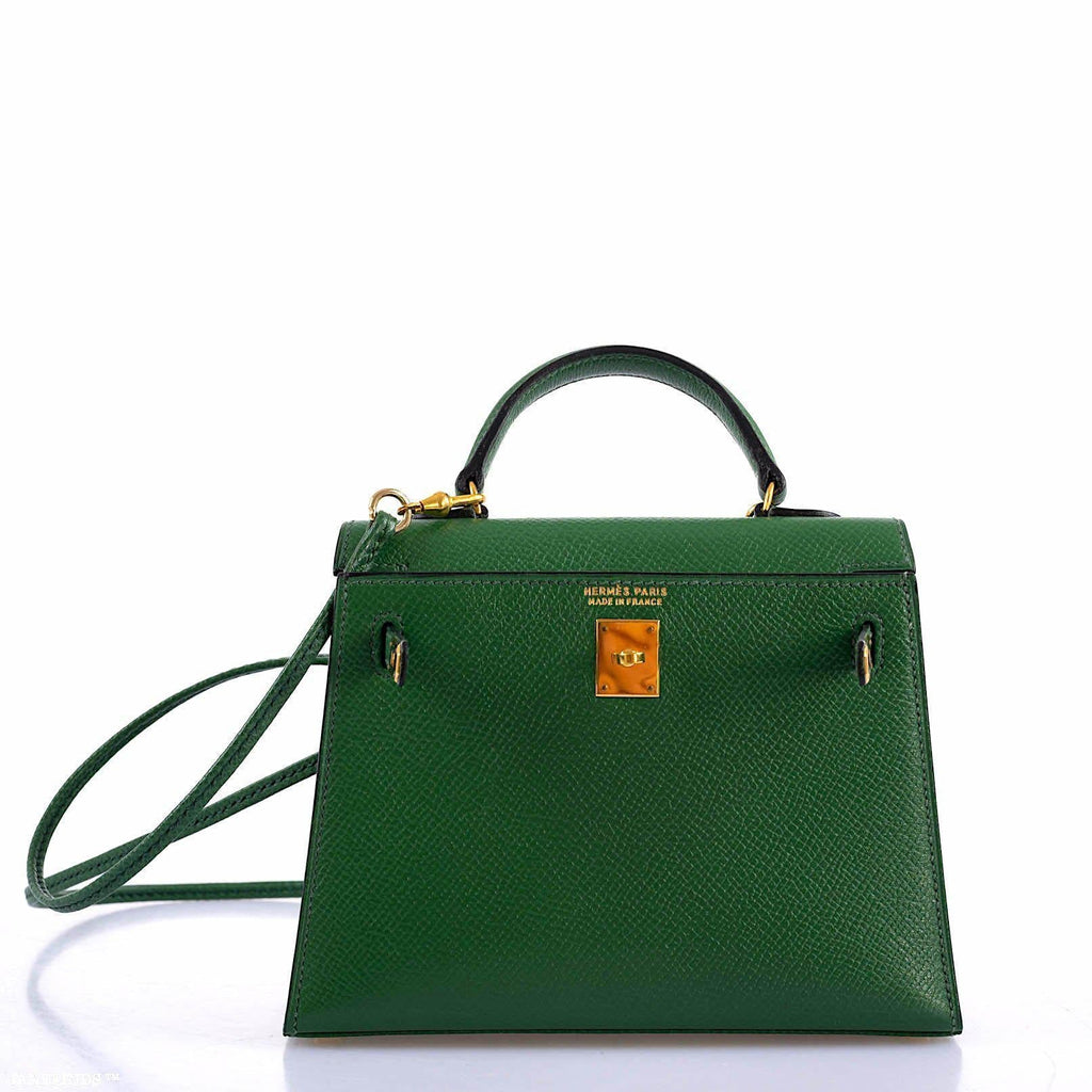 Hermes Mini Kelly 15 Vert Clair Courchevel with Gold Hardware, the gold-tone clochette and lock