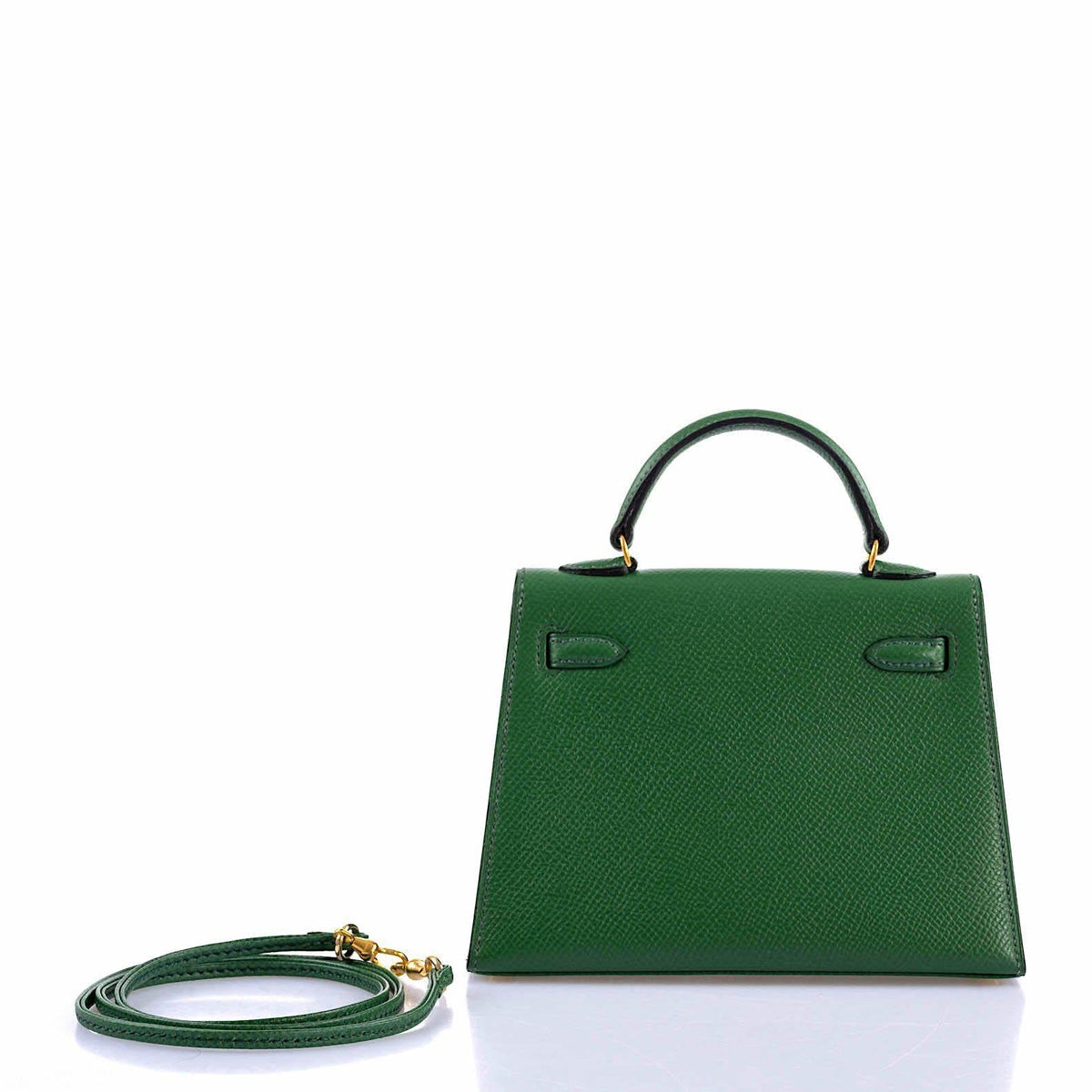 Hermes Mini Kelly 15 Vert Clair Courchevel with Gold Hardware, The miniature bag being carried by hand, showca