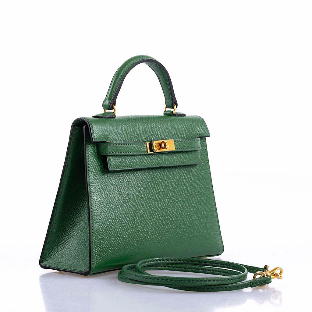Hermes Mini Kelly 15 Vert Clair Courchevel with Gold Hardware, the Mini Kelly 15, highlighting its structured