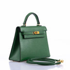 Hermes Mini Kelly 15 Vert Clair Courchevel with Gold Hardware, the Mini Kelly 15, highlighting its structured