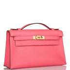 Hermes Rose Azalee Swift Mini Kelly Pochette Gold Hardware, the gold-tone hardware and toggle closure on the K