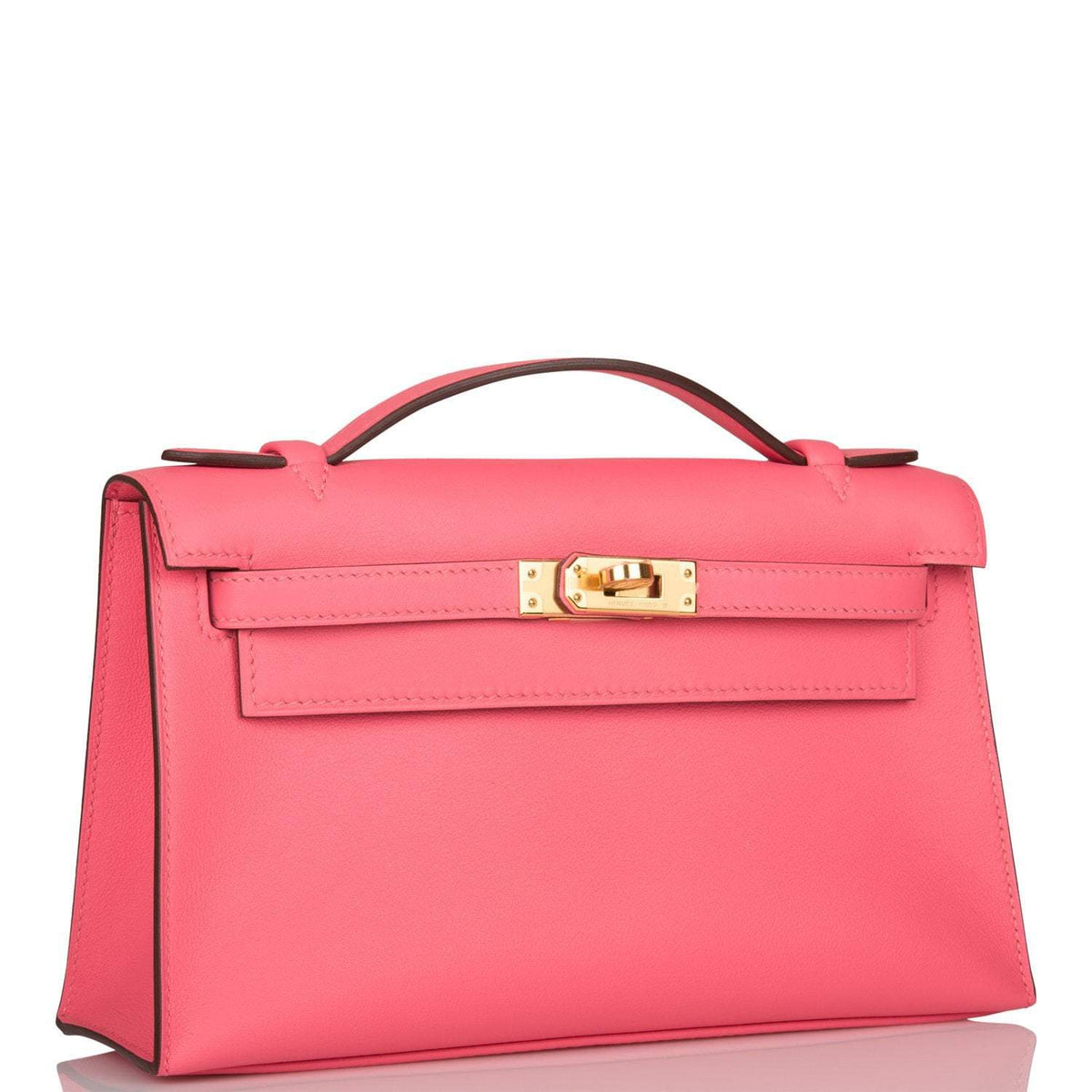 Hermes Rose Azalee Swift Mini Kelly Pochette Gold Hardware, the gold-tone hardware and toggle closure on the K
