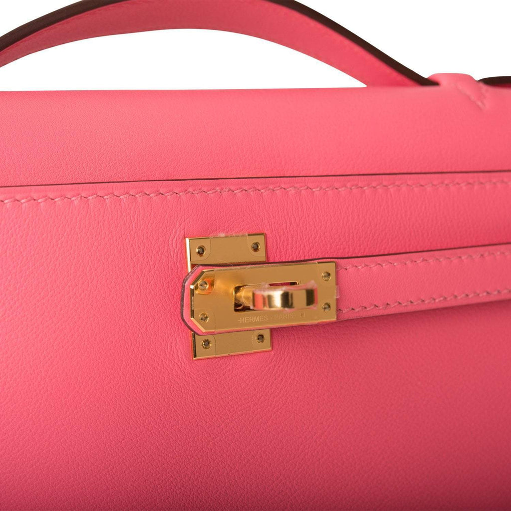 Hermes Rose Azalee Swift Mini Kelly Pochette Gold Hardware, the gold-tone toggle closure