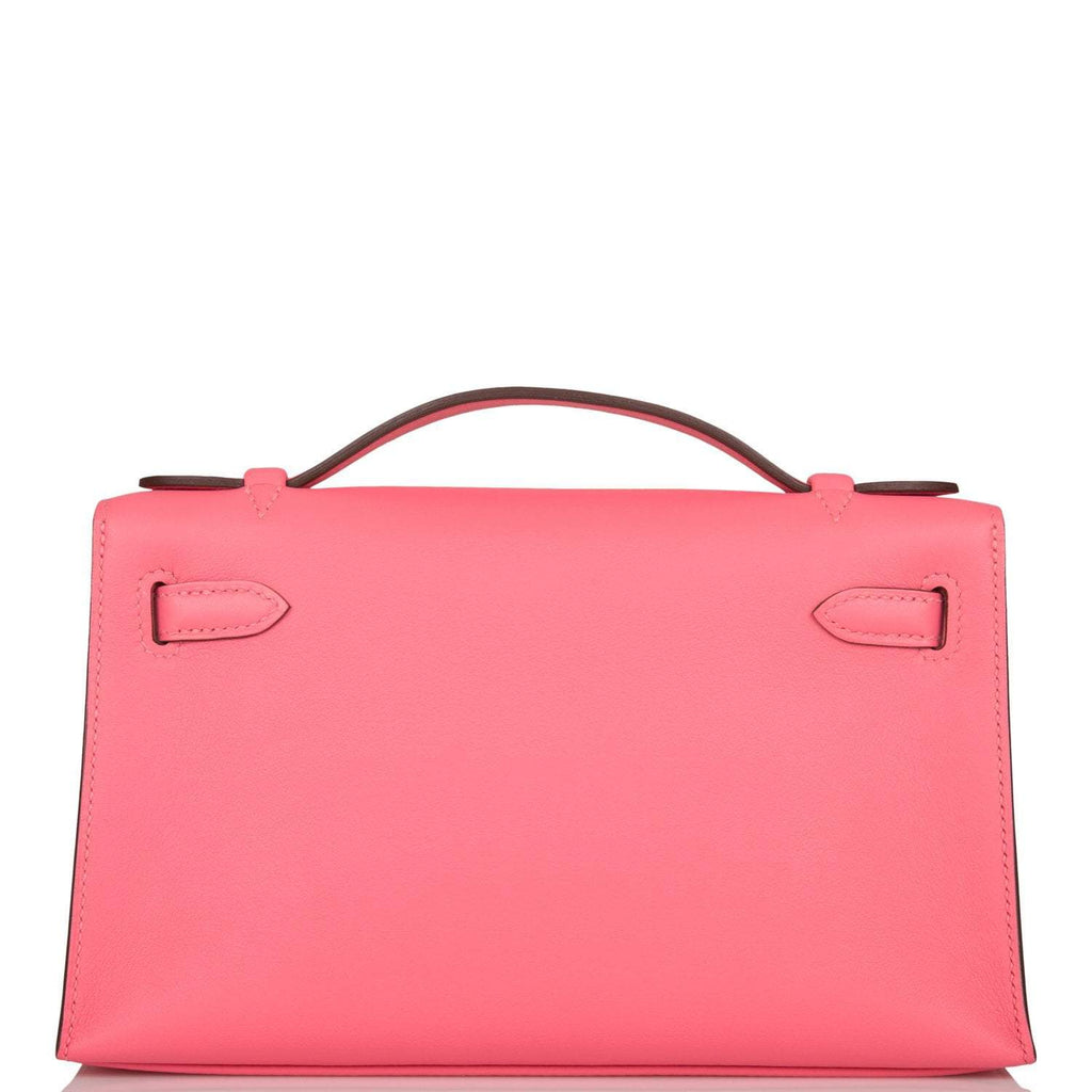 Hermes Rose Azalee Swift Mini Kelly Pochette Gold Hardware, the smooth texture of the Swift leather in Rose Az