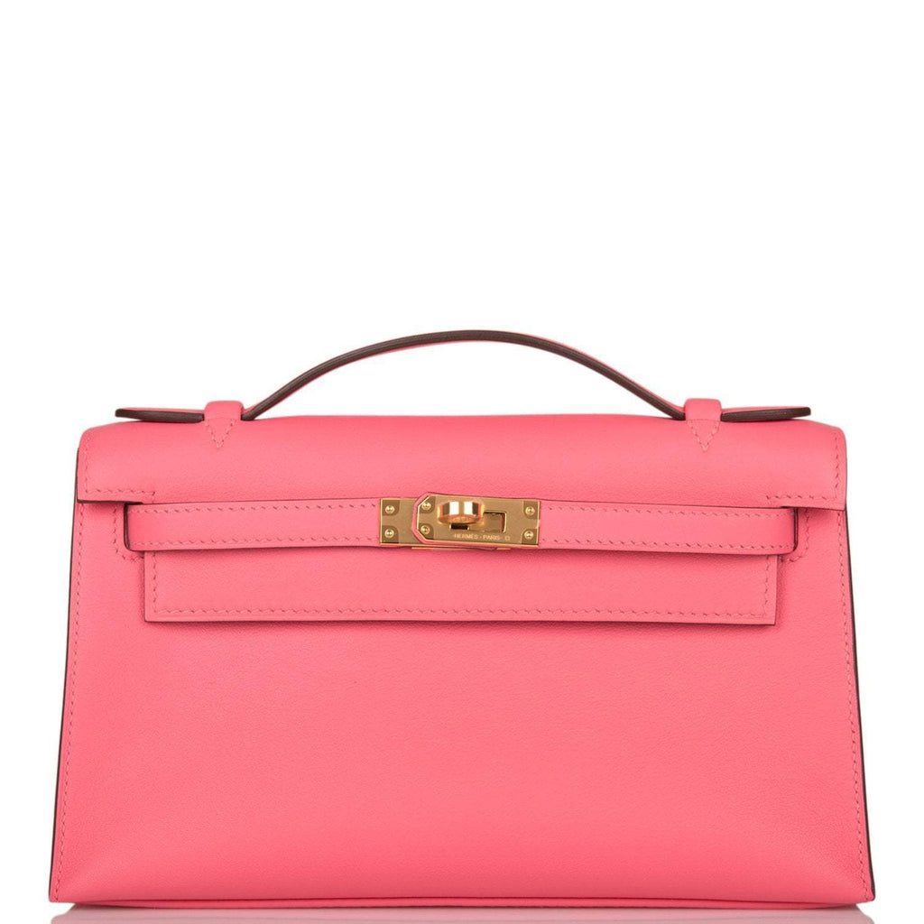 Hermes Rose Azalee Swift Mini Kelly Pochette Gold Hardware, the Mini Kelly Pochette in Rose Azalee Swift leath