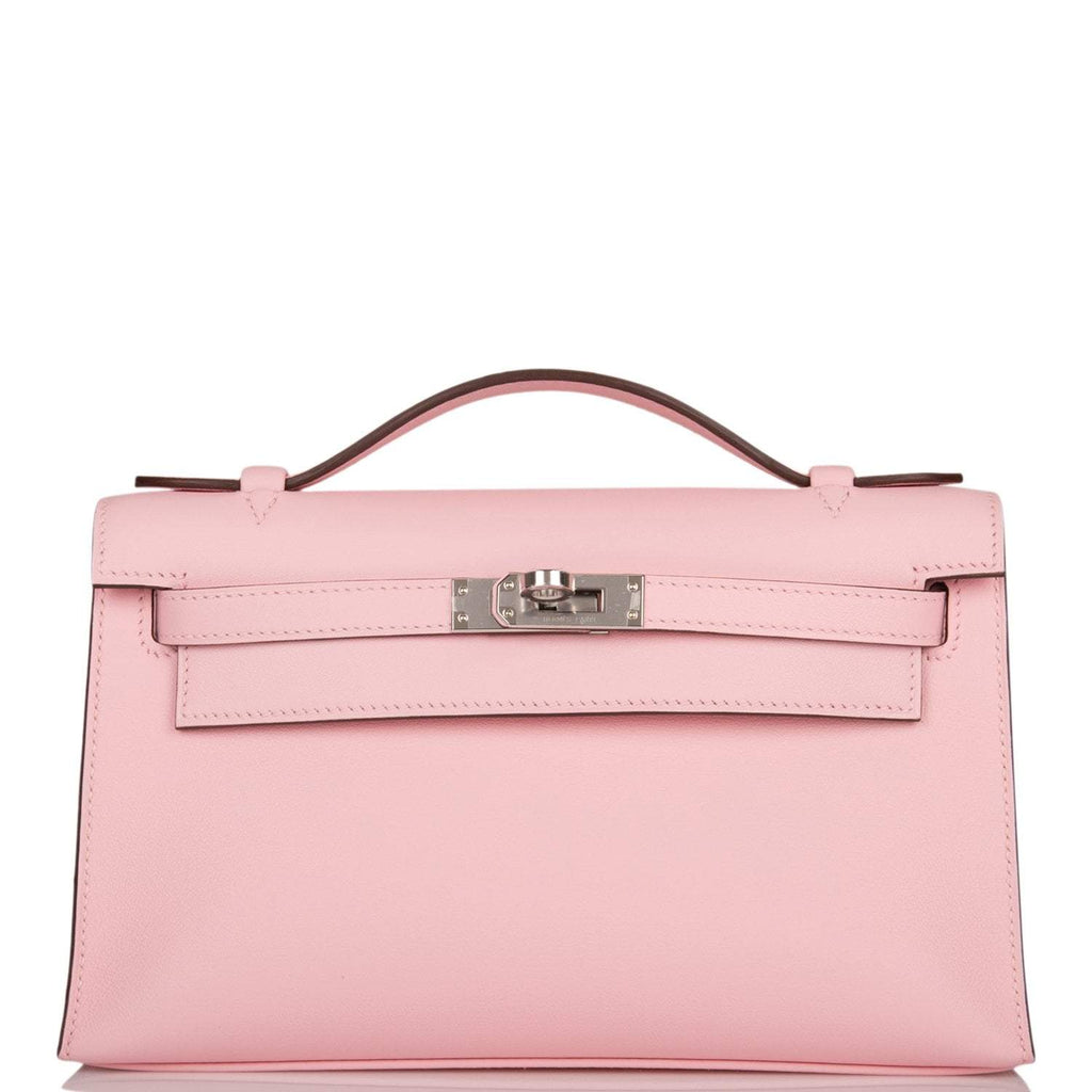 Hermes Rose Sakura Swift Mini Kelly Pochette Palladium Hardware - front view