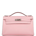 Hermes Rose Sakura Swift Mini Kelly Pochette Palladium Hardware - front view