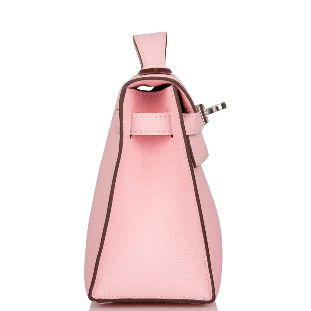 Hermes Rose Sakura Swift Mini Kelly Pochette Palladium Hardware - side view