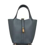 Front view of Hermès Picotin Lock 18 Bleu Orage Clemence Leather Bag