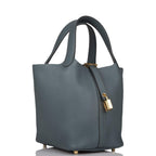 lock view of Hermès Picotin Lock 18 Bleu Orage Clemence Leather Bag