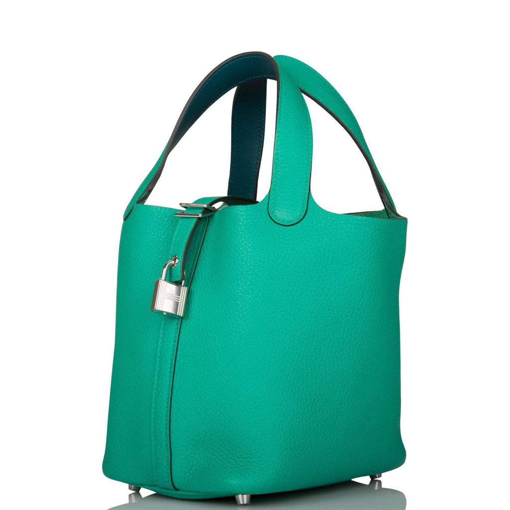 left Side angle of Hermès Picotin 18 Menthe green leather bag