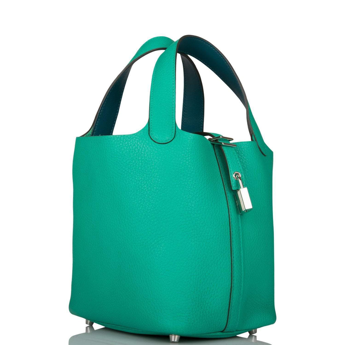 Side angle of Hermès Picotin 18 Menthe green leather bag