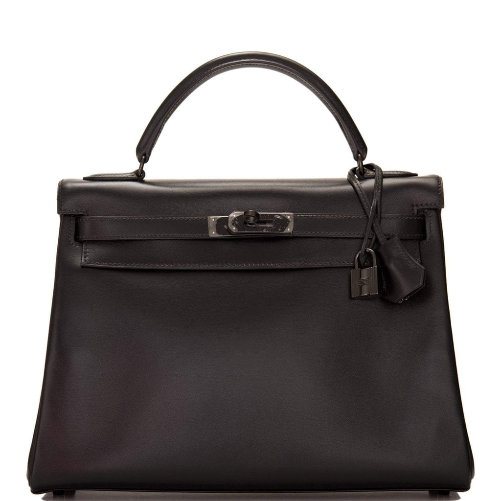 Front view of Hermes SO Black Retourne Kelly 32cm in box calf leather