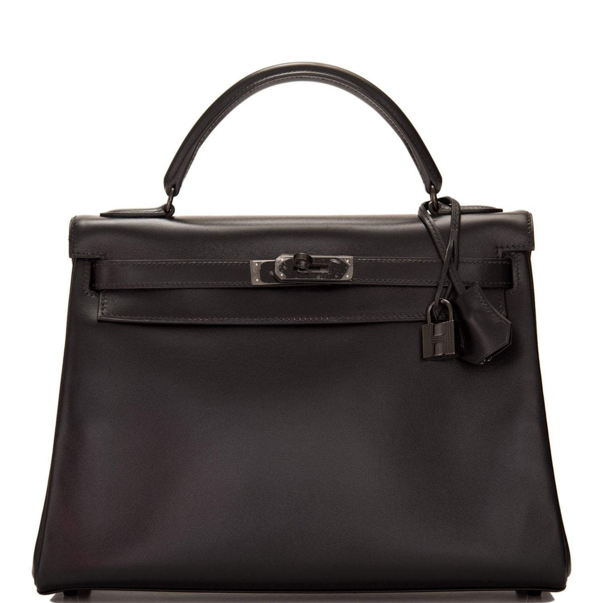 Front view of Hermes SO Black Retourne Kelly 32cm in box calf leather