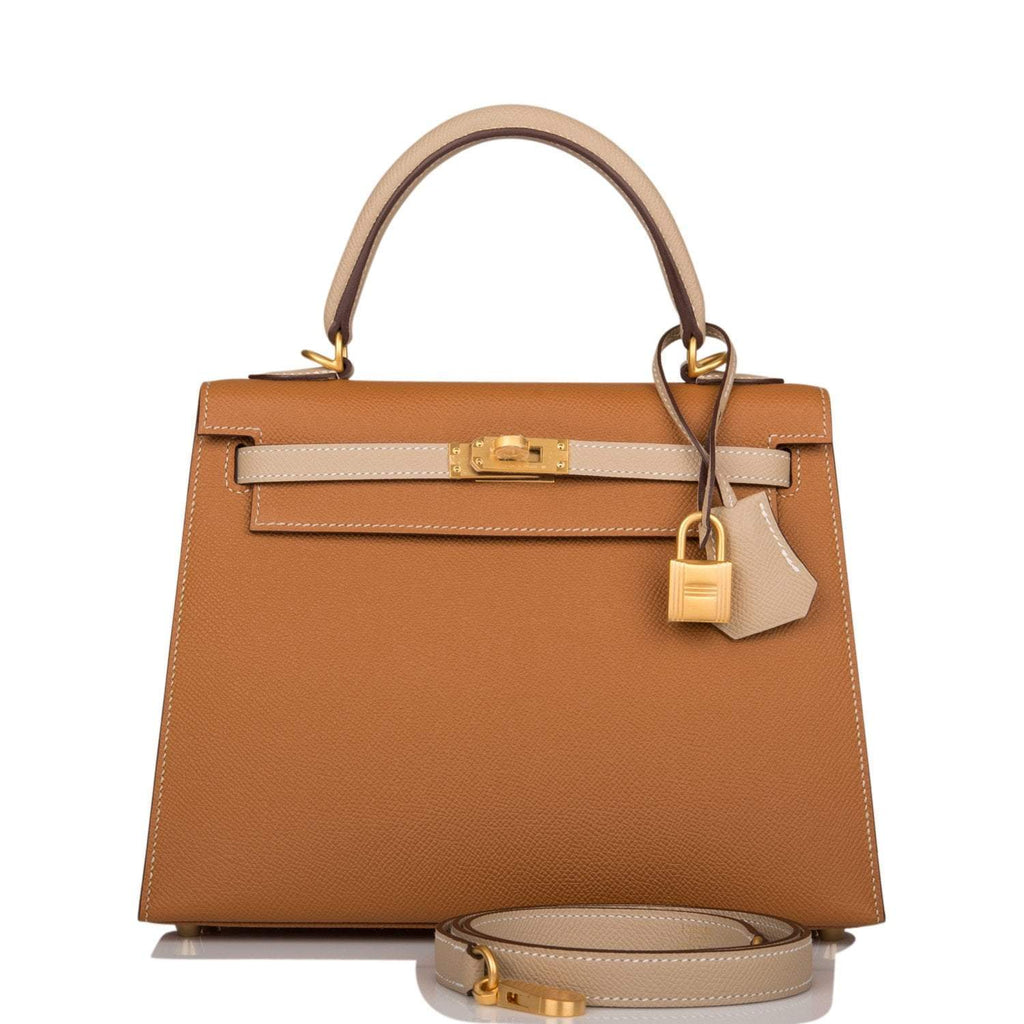 Front view of the Hermes Special Order Kelly 25 in Gold and Trench Epsom leather