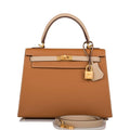 Front view of the Hermes Special Order Kelly 25 in Gold and Trench Epsom leather