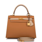Front view of the Hermes Special Order Kelly 25 in Gold and Trench Epsom leather
