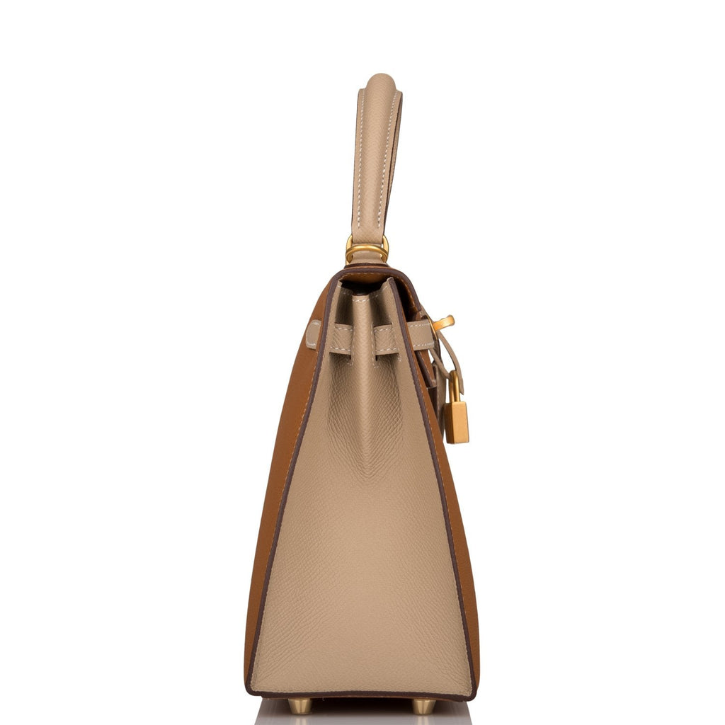 Side profile of the Hermes Special Order Kelly 25, highlighting its structured shape and colors