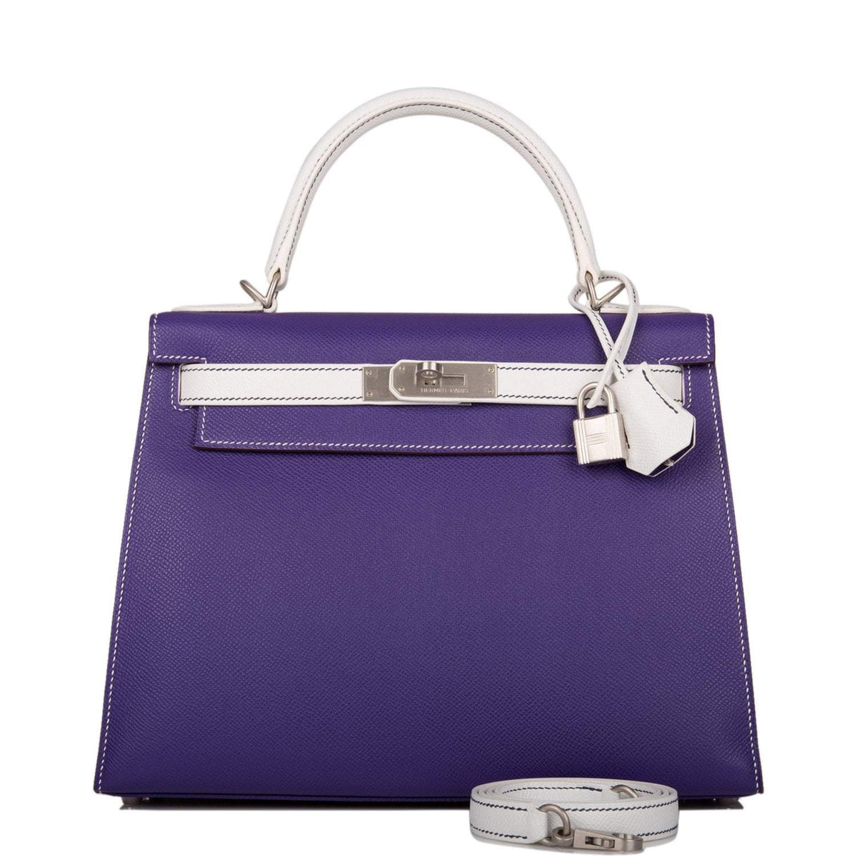 Hermes Kelly Sellier 28 Crocus and White Epsom Brushed Palladium Hardware - front view