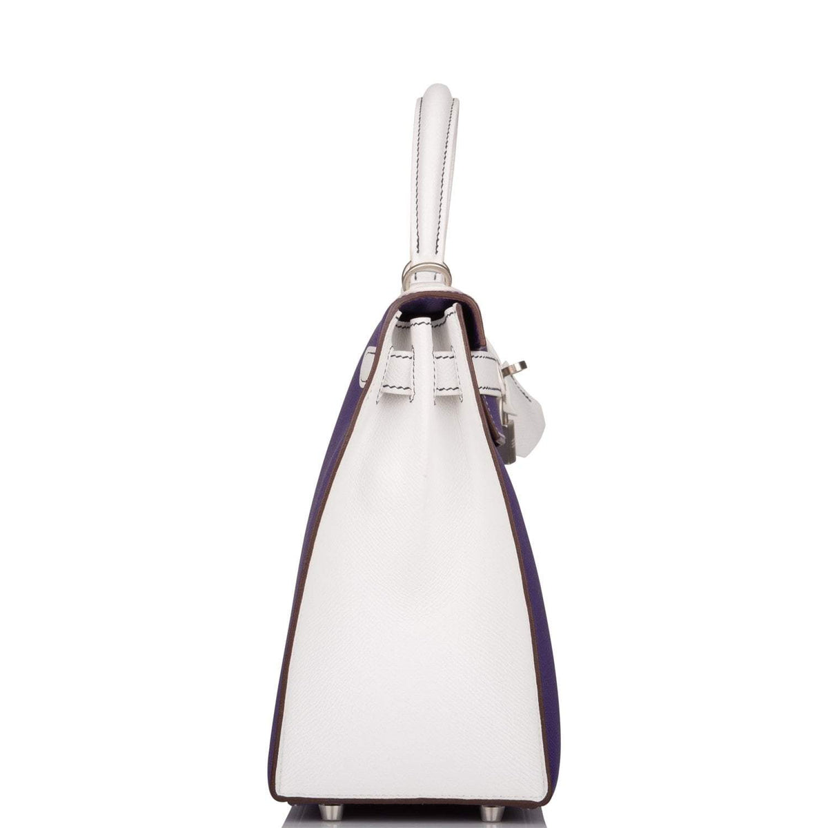 Hermes Kelly Sellier 28 Crocus and White Epsom Brushed Palladium Hardware - side view