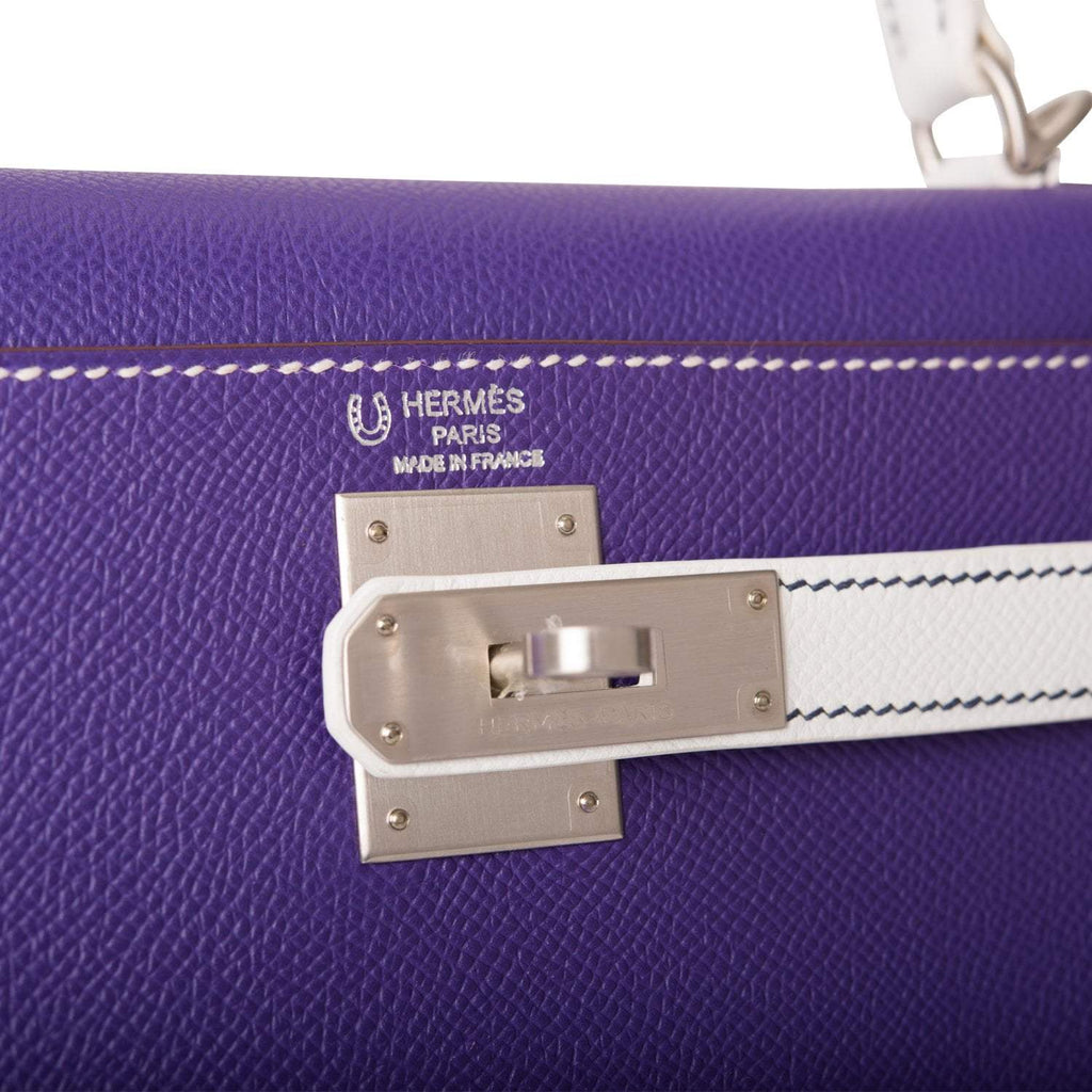 Hermes Kelly Sellier 28 Crocus and White Epsom Brushed Palladium Hardware - interior detail