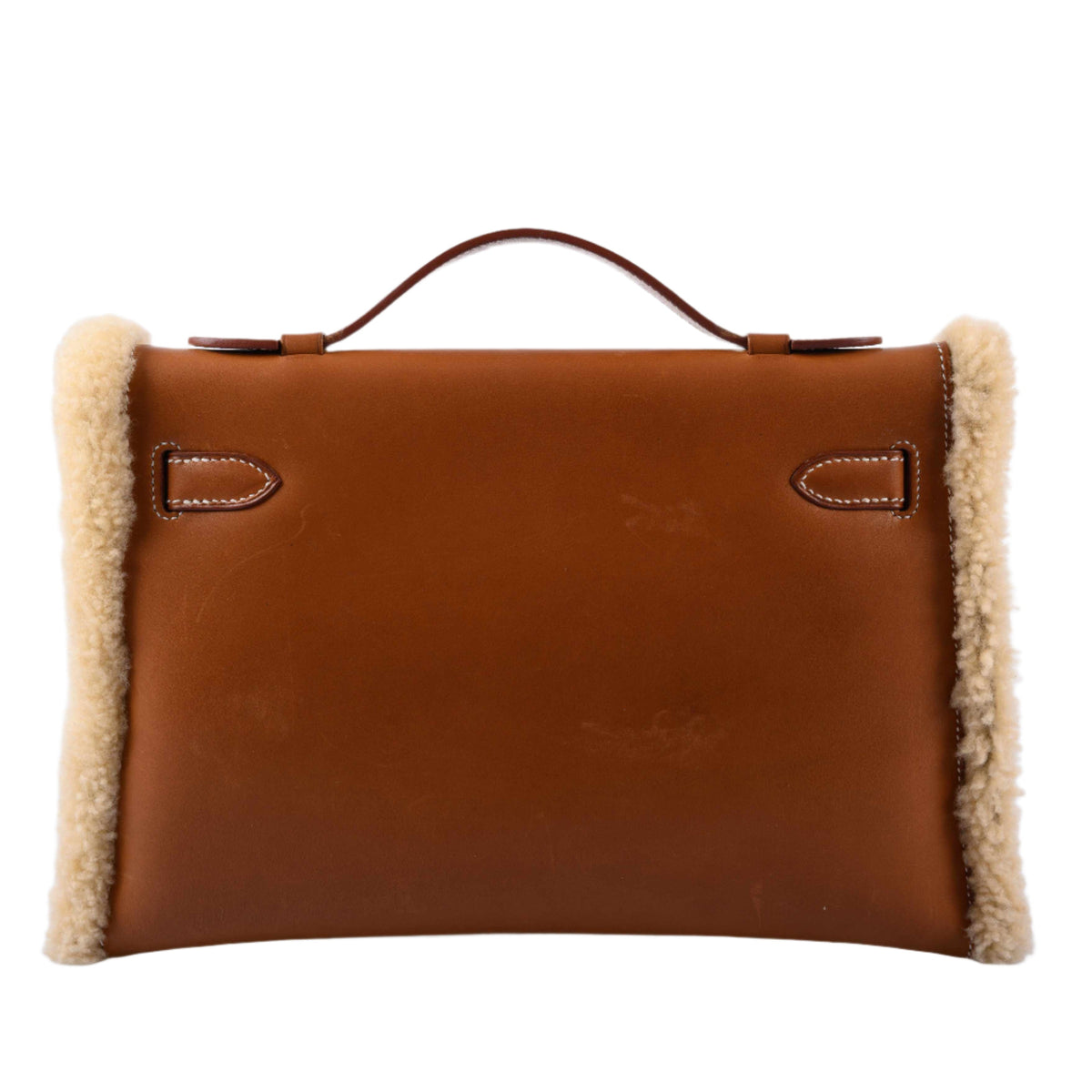 Hermes Teddy Kelly Clutch Barenia Leather & Mouton Shearling Palladium Hardware - 2007, K Square - back view