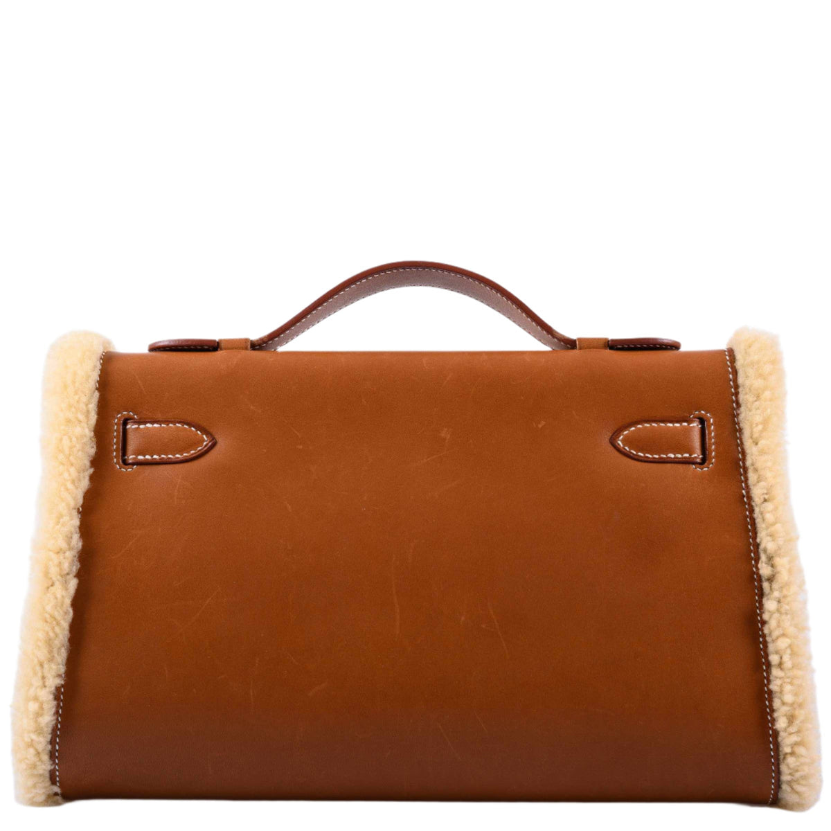 Hermes Teddy Kelly Clutch Barenia Leather & Mouton Shearling Palladium Hardware - 2007, K Square - hardware detail