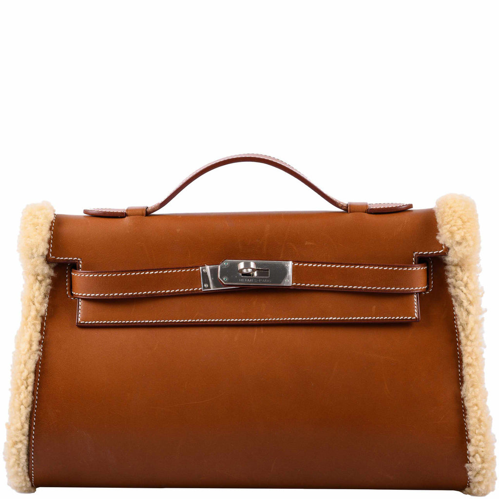 Hermes Teddy Kelly Clutch Barenia Leather & Mouton Shearling Palladium Hardware - 2007, K Square - front view