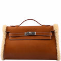 Hermes Teddy Kelly Clutch Barenia Leather & Mouton Shearling Palladium Hardware - 2007, K Square - front view