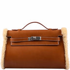 Hermes Teddy Kelly Clutch Barenia Leather & Mouton Shearling Palladium Hardware - 2007, K Square - front view