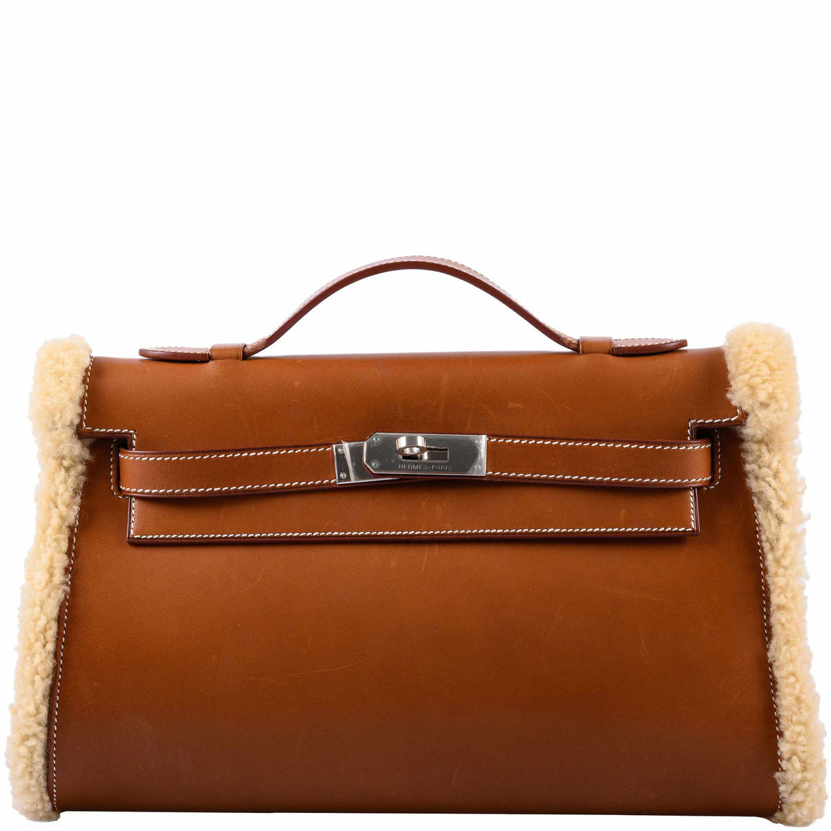 Hermes Teddy Kelly Clutch Barenia Leather & Mouton Shearling Palladium Hardware - 2007, K Square - front view