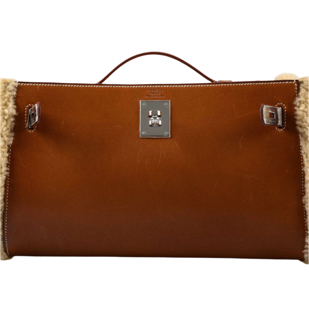 Hermes Teddy Kelly Clutch Barenia Leather & Mouton Shearling Palladium Hardware - 2007, K Square - interior detail
