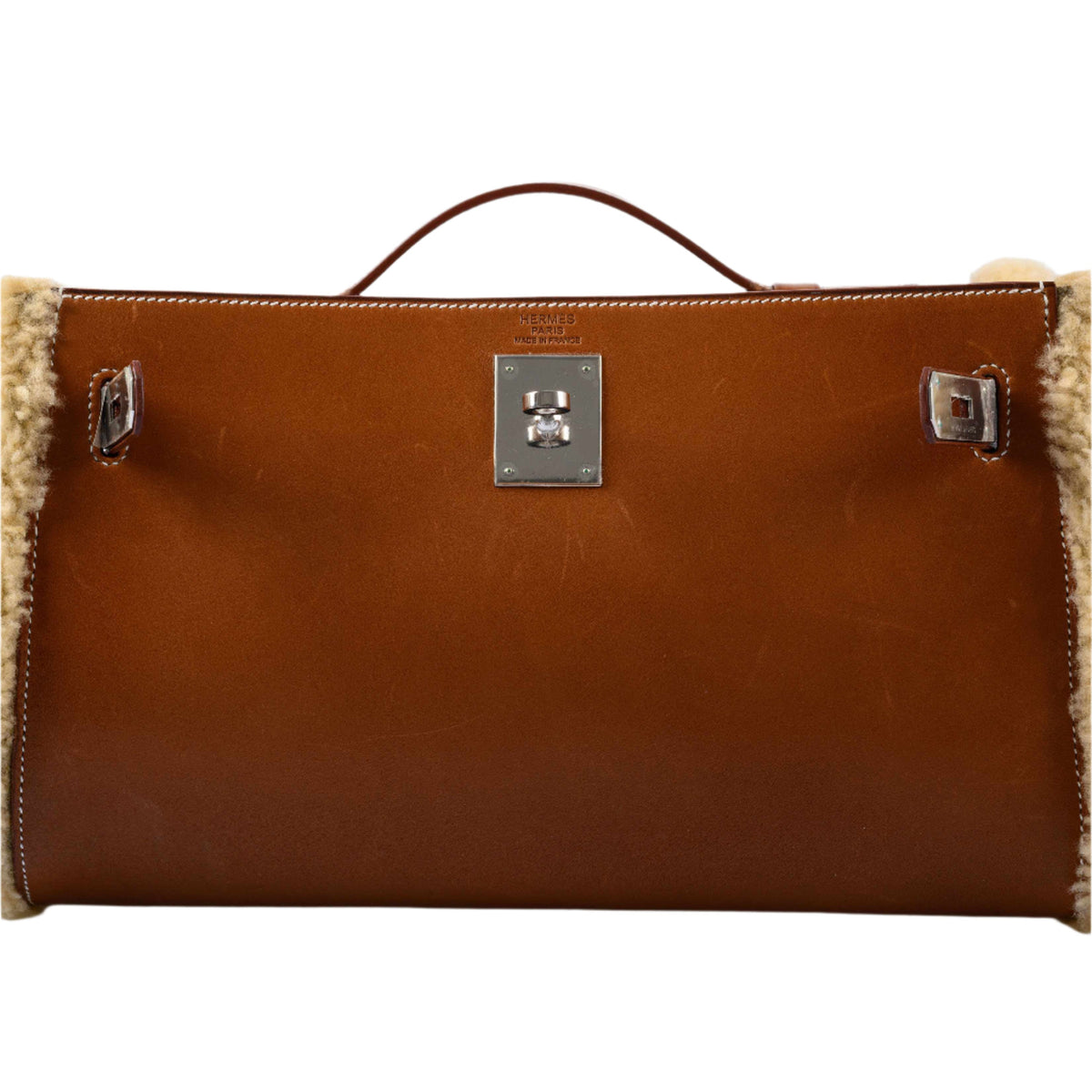 Hermes Teddy Kelly Clutch Barenia Leather & Mouton Shearling Palladium Hardware - 2007, K Square - interior detail
