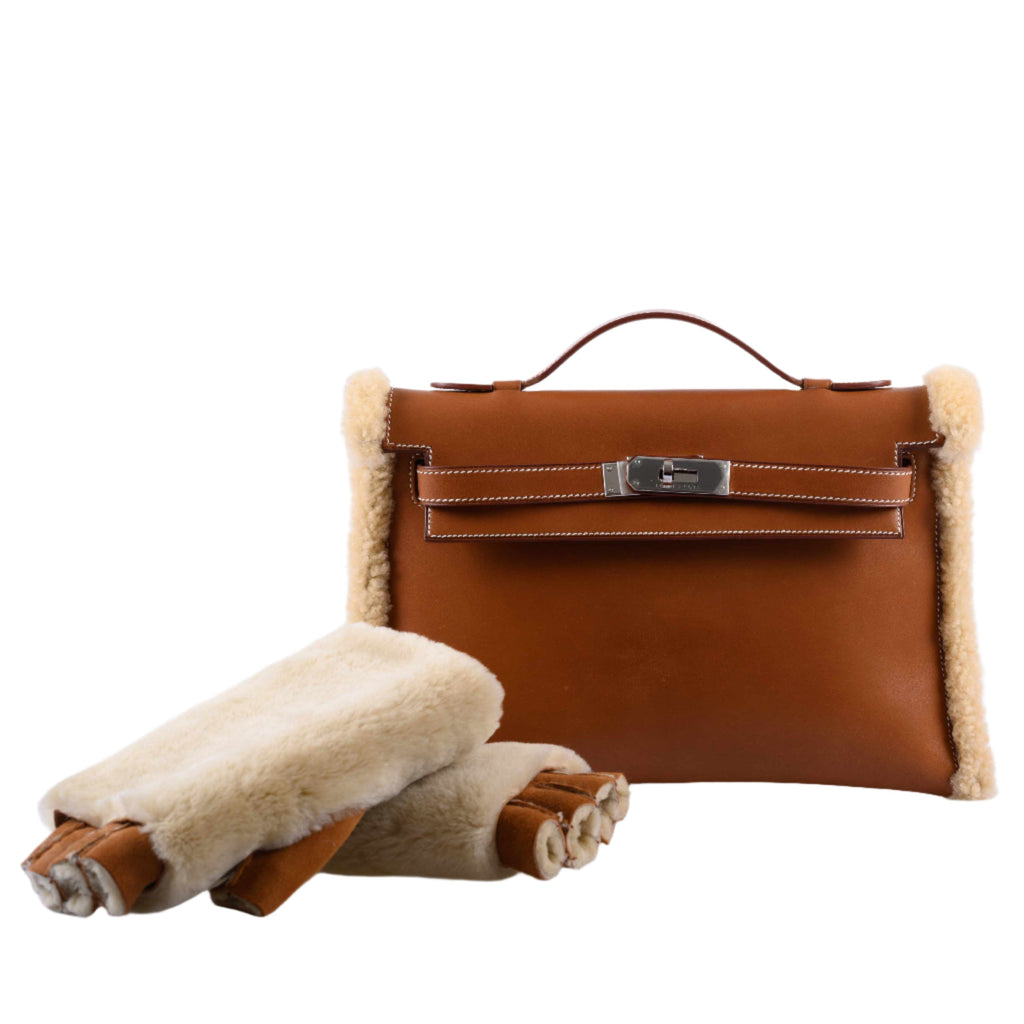Hermes Teddy Kelly Clutch Barenia Leather & Mouton Shearling Palladium Hardware - 2007, K Square - top view