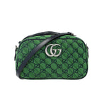 Gucci GG Canvas Marmont Small Shoulder Bag - Green in Green - front view showing the bag's shape, material finish and visible design details.