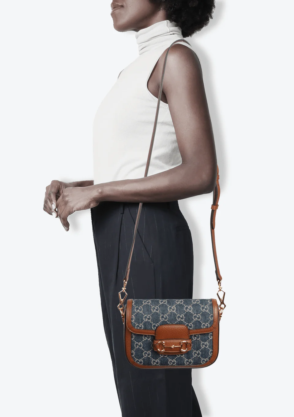 Gucci Blue GG Denim Horsebit 1955 Mini Crossbody Bag - Blue in Blue - detail view 8 showing the bag's shape, finish and visible design details.