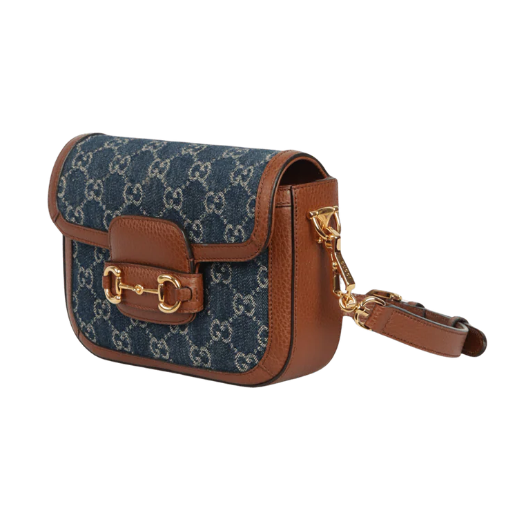 Gucci Blue GG Denim Horsebit 1955 Mini Crossbody Bag - Blue in Blue - detail view 4 showing the bag's shape, finish and visible design details.