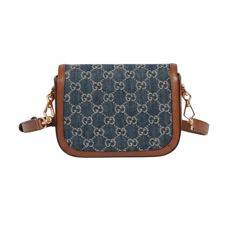 Gucci Blue GG Denim Horsebit 1955 Mini Crossbody Bag - Blue in Blue - detail view 7 showing the bag's shape, finish and visible design details.