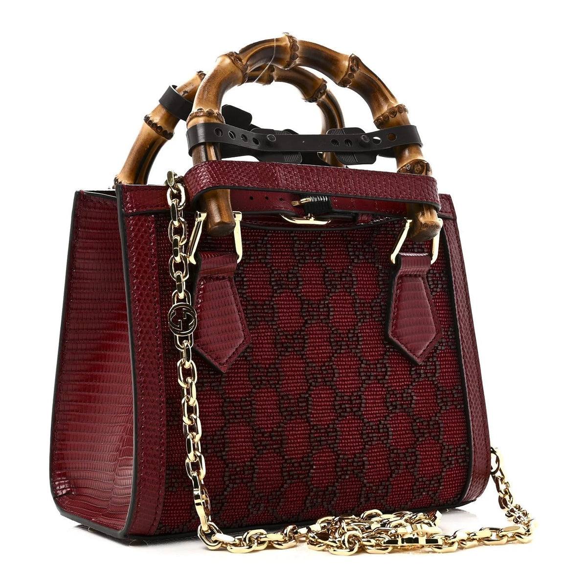 Gucci Diana Mini Tote Bag - Red in Red - side view showing the bag's shape, finish and visible design details.